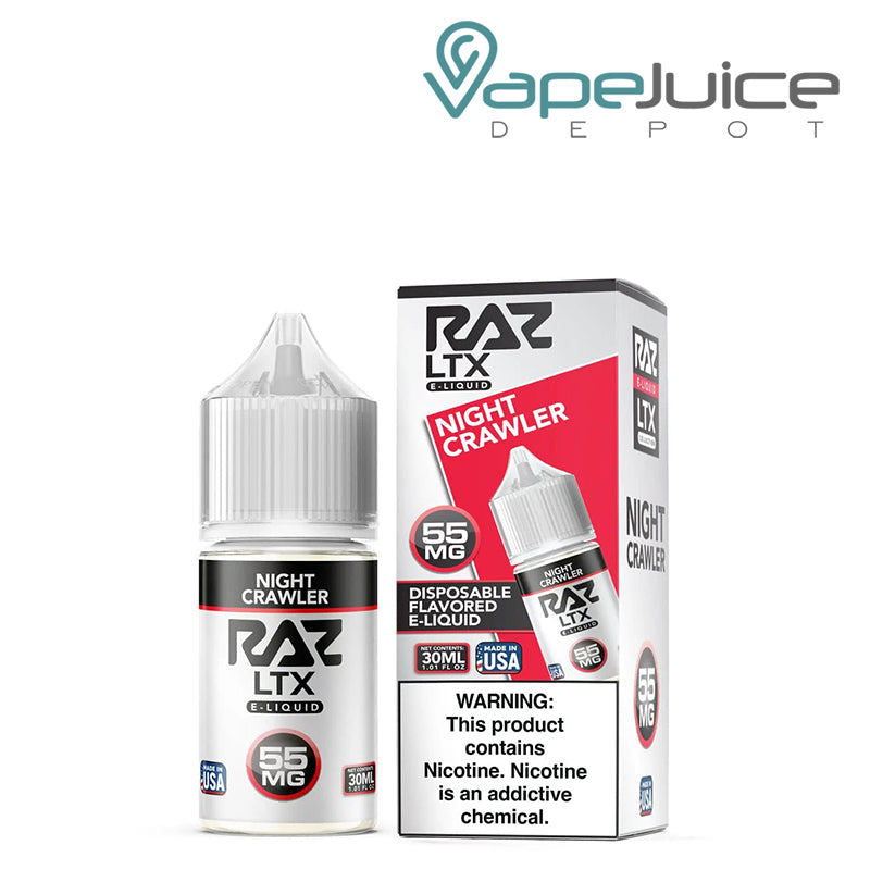 A box of Night Crawlers Pod Juice x Raz LTX salt with a warning sign and a 30ml bottle next to it - Vape Juice Depot