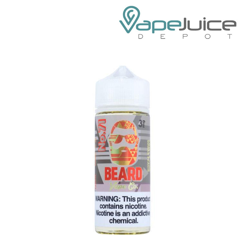 A 120ml bottle of No. 71 Sweet & Sour Sugar Peach Beard Vape Co 3mg with a warning sign - Vape Juice Depot