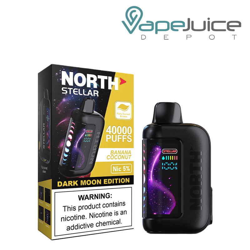 A Box of Banana Coconut North Stellar Dark Moon Edition 40K Disposable with a warning sign and a device with HD screen next to it - Vape Juice Depot