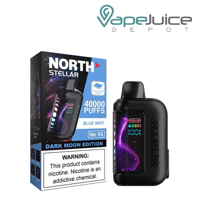 A Box of Blue Mint North Stellar Dark Moon Edition 40K Disposable with a warning sign and a device with HD screen next to it - Vape Juice Depot