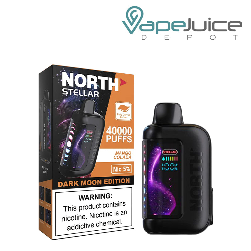 A Box of Mango Colada North Stellar Dark Moon Edition 40K Disposable with a warning sign and a device with HD screen next to it - Vape Juice Depot