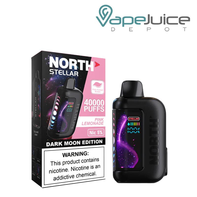 A Box of Pink Lemonade North Stellar Dark Moon Edition 40K Disposable with a warning sign and a device with HD screen next to it - Vape Juice Depot