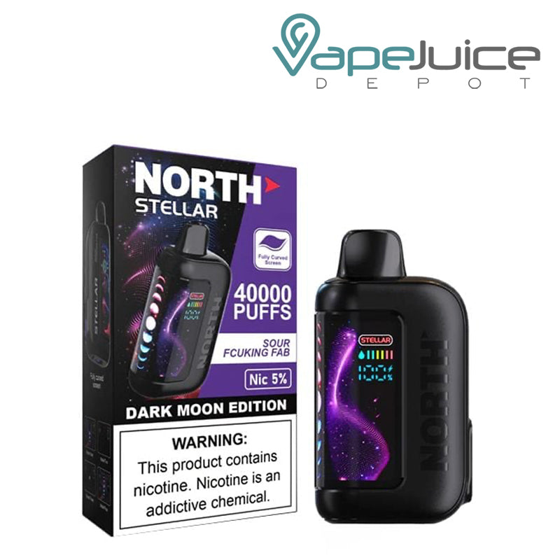 A Box of Sour Fcuking Fab North Stellar Dark Moon Edition 40K Disposable with a warning sign and a device with HD screen next to it - Vape Juice Depot