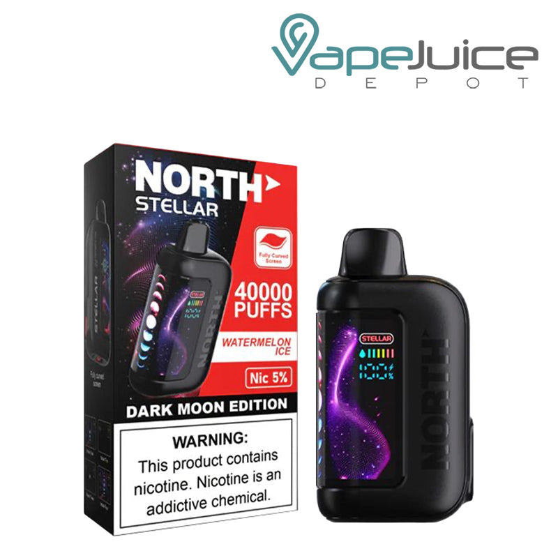 A Box of Watermelon Ice North Stellar Dark Moon Edition 40K Disposable with a warning sign and a device with HD screen next to it - Vape Juice Depot
