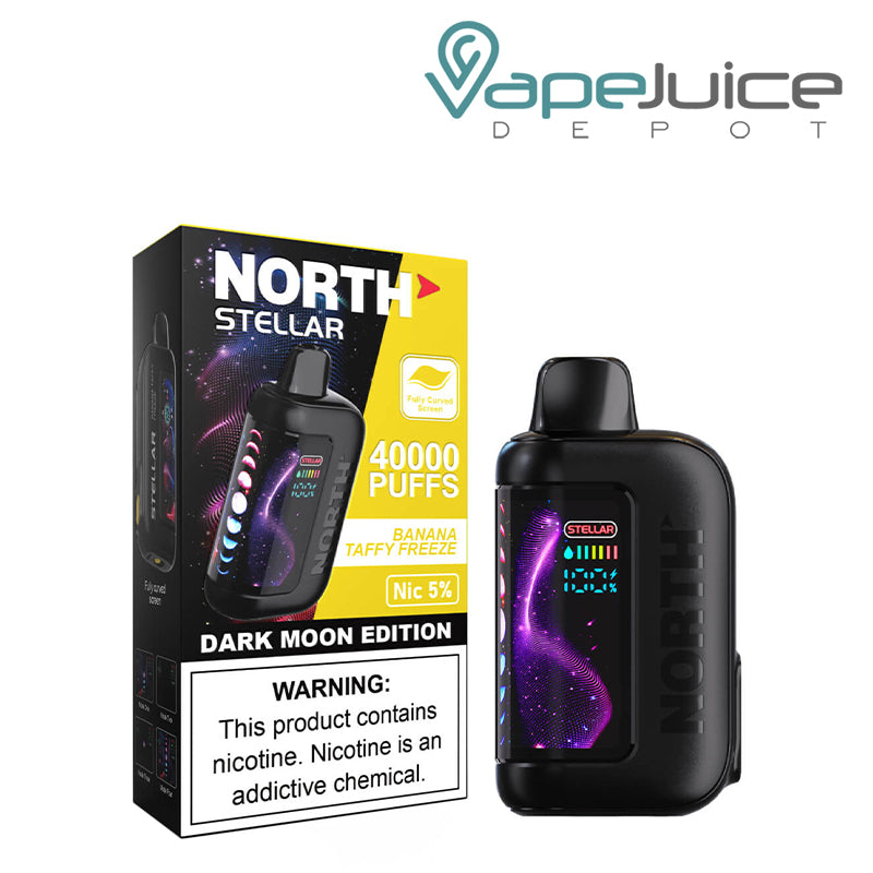A Box of Banana Taffy Freeze North Stellar Dark Moon Edition 40K Disposable with a warning sign and a device with HD screen next to it - Vape Juice Depot