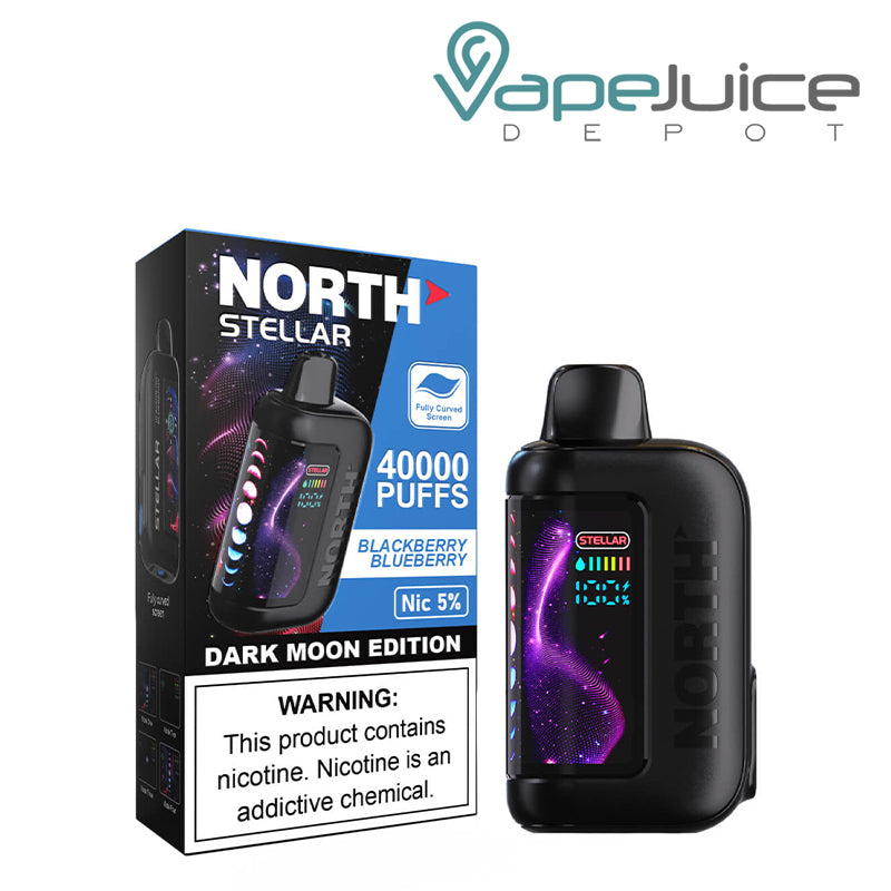 A Box of Blackberry Blueberry North Stellar Dark Moon Edition 40K Disposable with a warning sign and a device with HD screen next to it - Vape Juice Depot