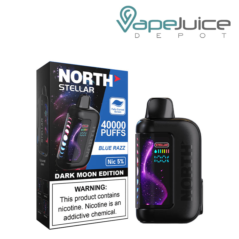 A Box of Blue Razz North Stellar Dark Moon Edition 40K Disposable with a warning sign and a device with HD screen next to it - Vape Juice Depot