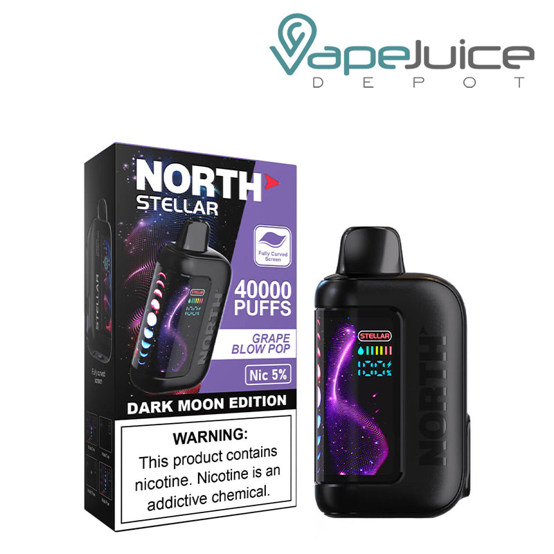 A Box of Grape Blow Pop North Stellar Dark Moon Edition 40K Disposable with a warning sign and a device with HD screen next to it - Vape Juice Depot