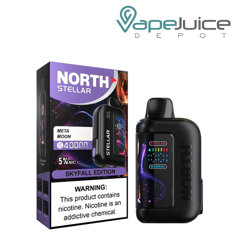 A Box of Meta Moon North Stellar Dark Moon Edition 40K Disposable with a warning sign and a device with HD screen next to it - Vape Juice Depot