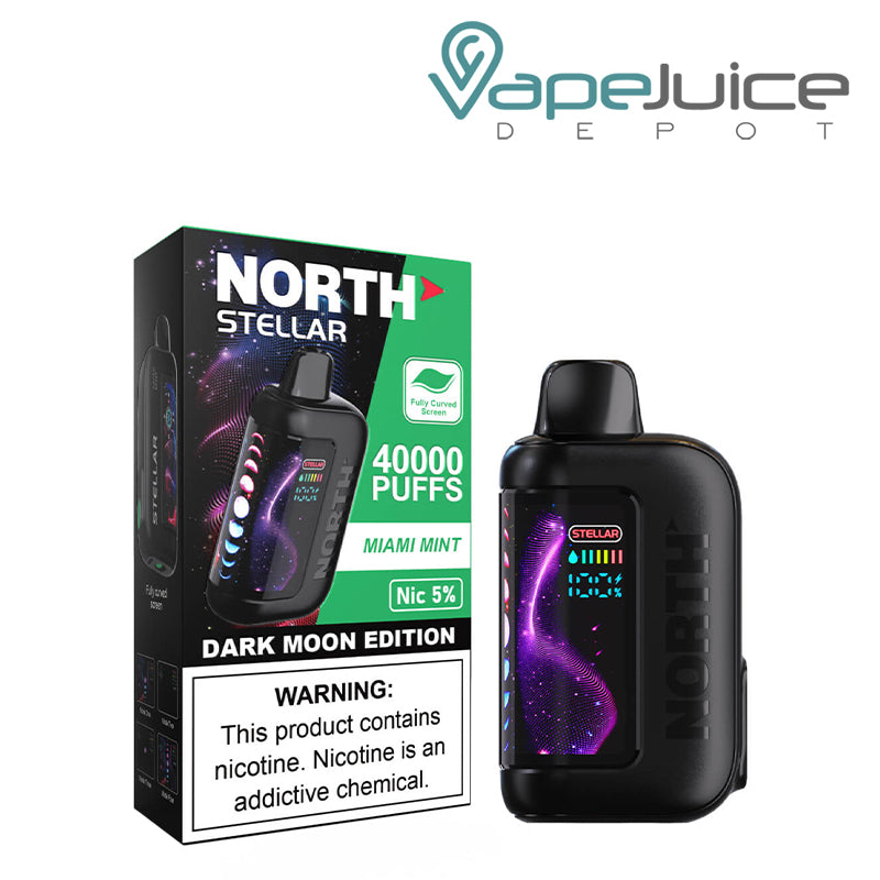 A Box of Miami Mint North Stellar Dark Moon Edition 40K Disposable with a warning sign and a device with HD screen next to it - Vape Juice Depot