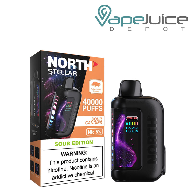 A Box of Sour Candies North Stellar Dark Moon Edition 40K Disposable with a warning sign and a device with HD screen next to it - Vape Juice Depot