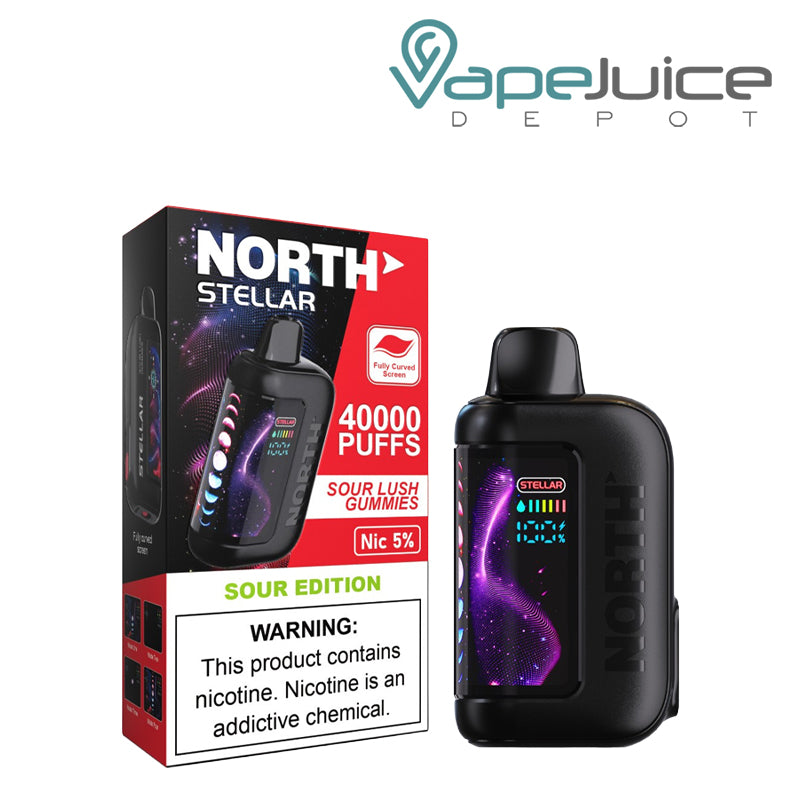 A Box of Sour Lush Gummies North Stellar Dark Moon Edition 40K Disposable with a warning sign and a device with HD screen next to it - Vape Juice Depot