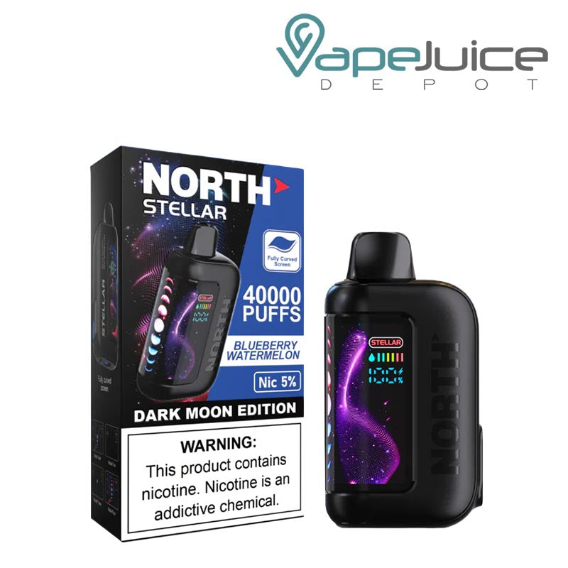 A Box of Blueberry Watermelon North Stellar Dark Moon Edition 40K Disposable with a warning sign and a device with HD screen next to it - Vape Juice Depot