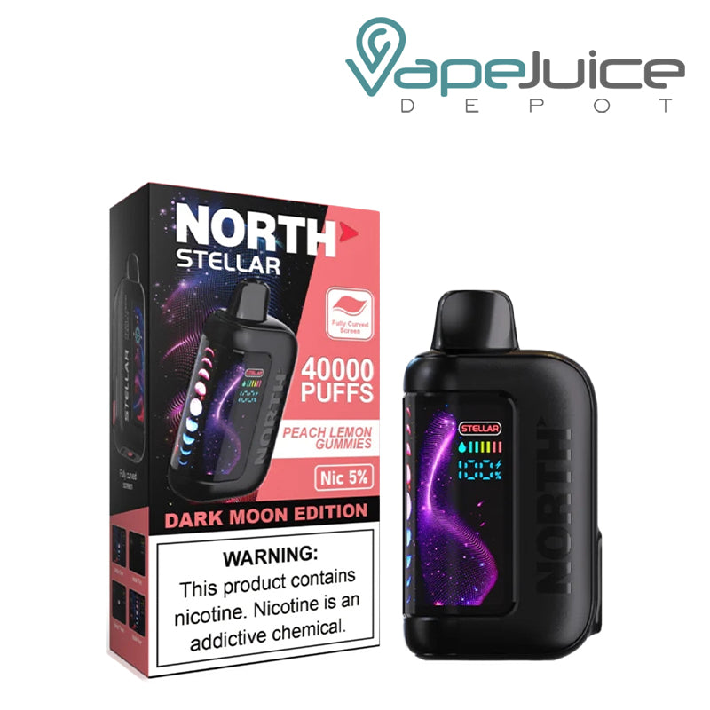 A Box of Peach Lemon Gummies North Stellar Dark Moon Edition 40K Disposable with a warning sign and a device with HD screen next to it - Vape Juice Depot
