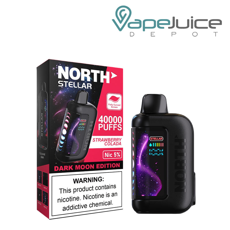 A Box of Strawberry Colada North Stellar Dark Moon Edition 40K Disposable with a warning sign and a device with HD screen next to it - Vape Juice Depot