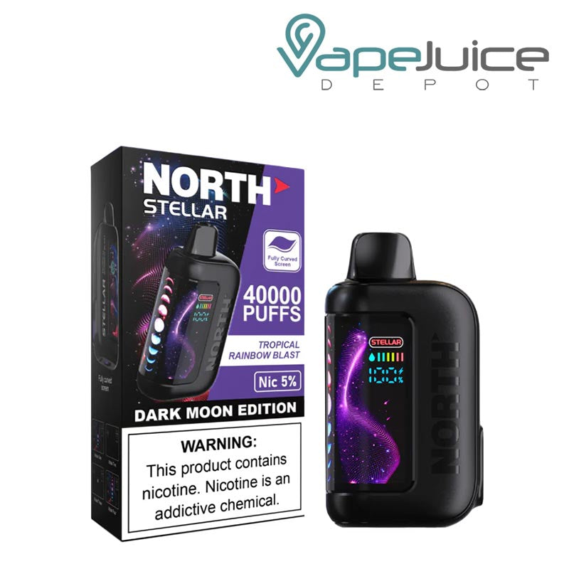 A Box of Tropical Rainbow Blast North Stellar Dark Moon Edition 40K Disposable with a warning sign and a device with HD screen next to it - Vape Juice Depot