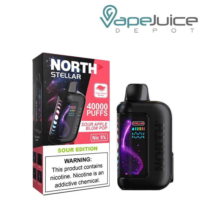 A Box of Sour Apple Blow Pop North Stellar Dark Moon Edition 40K Disposable with a warning sign and a device with HD screen next to it - Vape Juice Depot