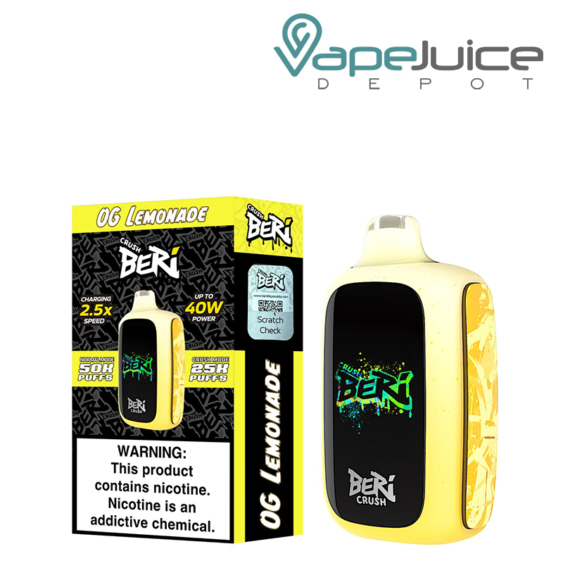 A Box of OG Lemonade Beri Crush 50K Disposable with a warning sign and a device with HD screen next to it - Vape Juice Depot