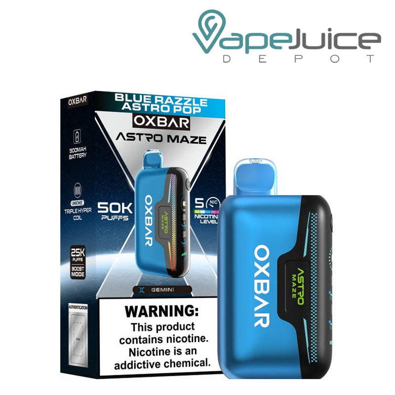 A Box of Blue Razzle Astro Pop OXBAR Astro Maze 50K Disposable with a warning sign and a device next to it - Vape Juice Depot