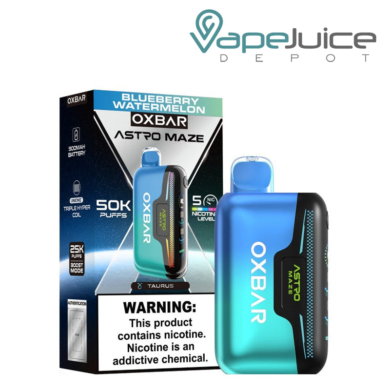 A Box of Blueberry Watermelon OXBAR Astro Maze 50K Disposable with a warning sign and a device next to it - Vape Juice Depot