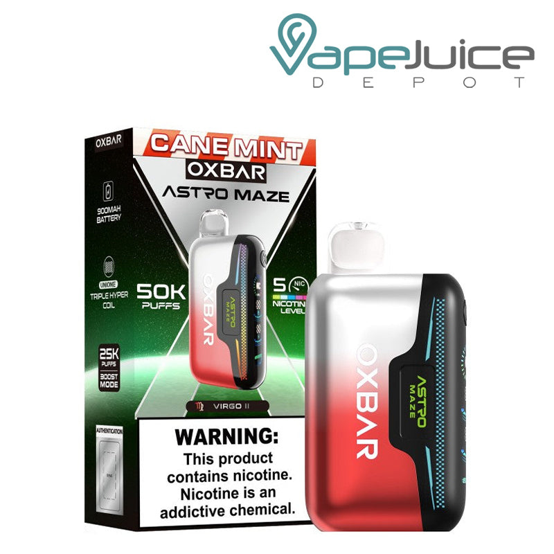 A Box of Cane Mint OXBAR Astro Maze 50K Disposable with a warning sign and a device next to it - Vape Juice Depot