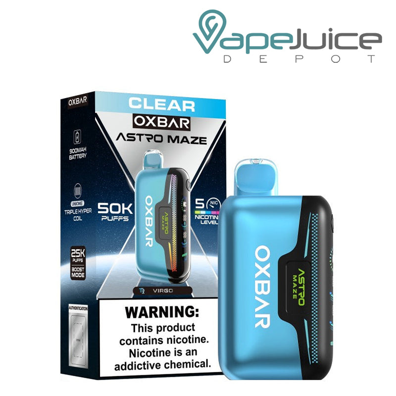 A box of OXBAR Astro Maze 50K Disposable Clear with a warning sign and a disposable next to it - Vape Juice Depot