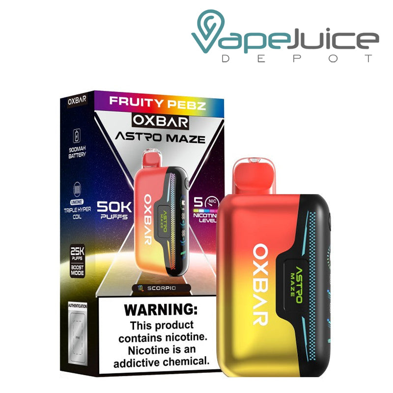 A Box of Fruit Pebz OXBAR Astro Maze 50K Disposable with a warning sign and a device next to it - Vape Juice Depot