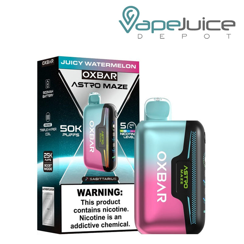 A Box of Juice Watermelon OXBAR Astro Maze 50K Disposable with a warning sign and a device next to it - Vape Juice Depot