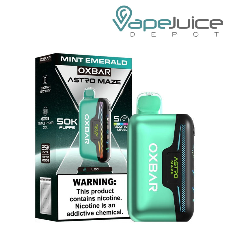 A Box of Mint Emerald OXBAR Astro Maze 50K Disposable with a warning sign and a device next to it - Vape Juice Depot