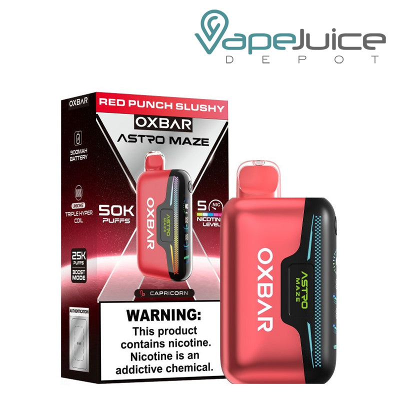 A Box of Red Punch Slushy OXBAR Astro Maze 50K Disposable with a warning sign and a device next to it - Vape Juice Depot