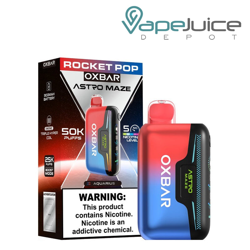 A Box of Rocket Pop OXBAR Astro Maze 50K Disposable with a warning sign and a device next to it - Vape Juice Depot