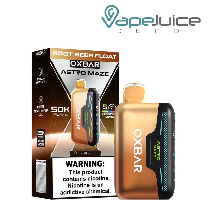 A Box of Root Beer Float  OXBAR Astro Maze 50K Disposable with a warning sign and a device next to it - Vape Juice Depot