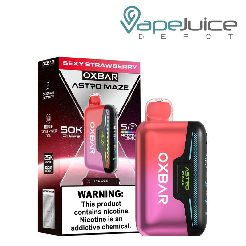A Box of Sexy Strawberry OXBAR Astro Maze 50K Disposable with a warning sign and a device next to it - Vape Juice Depot