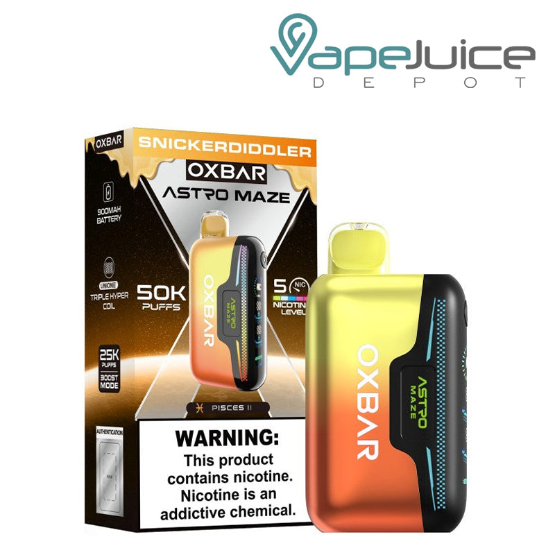 A Box of Snick Erdiddler OXBAR Astro Maze 50K Disposable with a warning sign and a device next to it - Vape Juice Depot