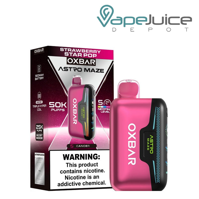 A Box of Strawberry Star Pop OXBAR Astro Maze 50K Disposable with a warning sign and a device next to it - Vape Juice Depot