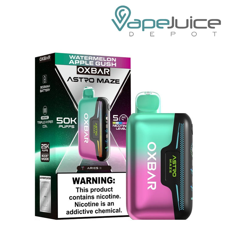 A Box of Watermelon Apple Gush OXBAR Astro Maze 50K Disposable with a warning sign and a device next to it - Vape Juice Depot