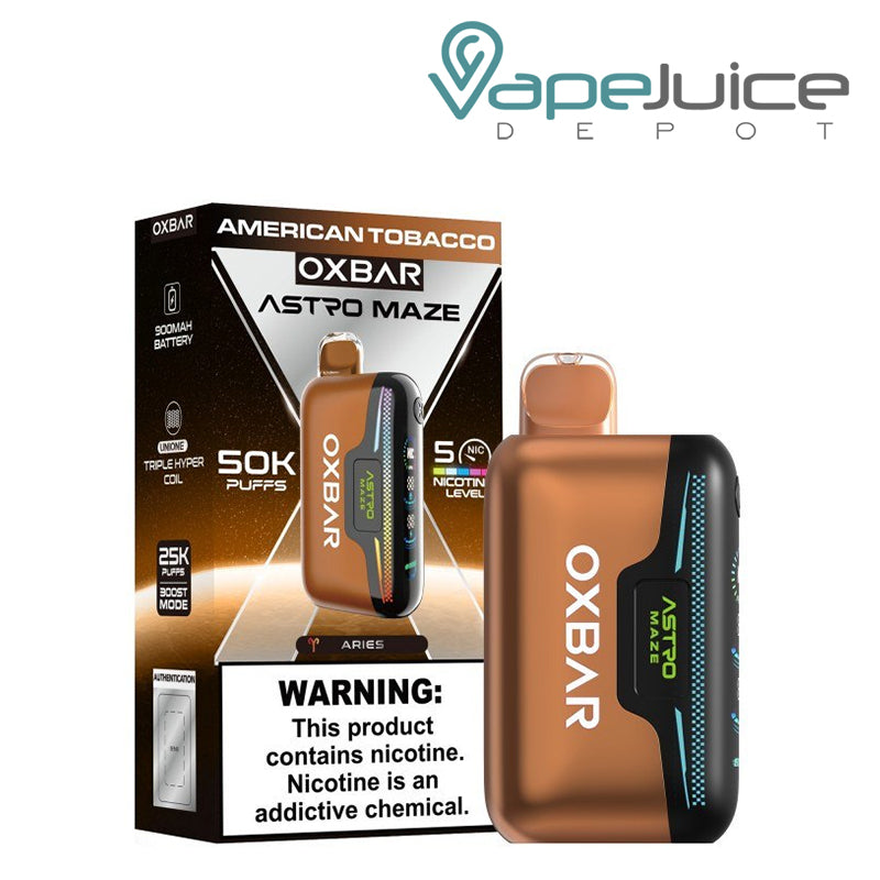 A Box of OXBAR Astro Maze 50K American Tobacco Disposable with a warning sign and a device next to it -Vape Juice Depot