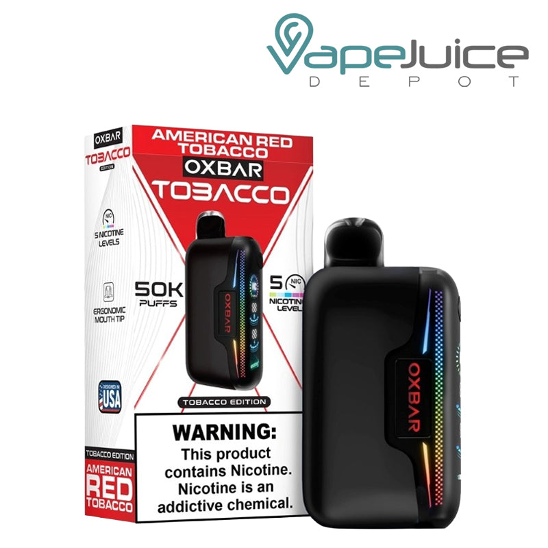 A Box of OXBAR Astro Maze 50K American Red Tobacco Disposable with a warning sign and a device next to it -Vape Juice Depot