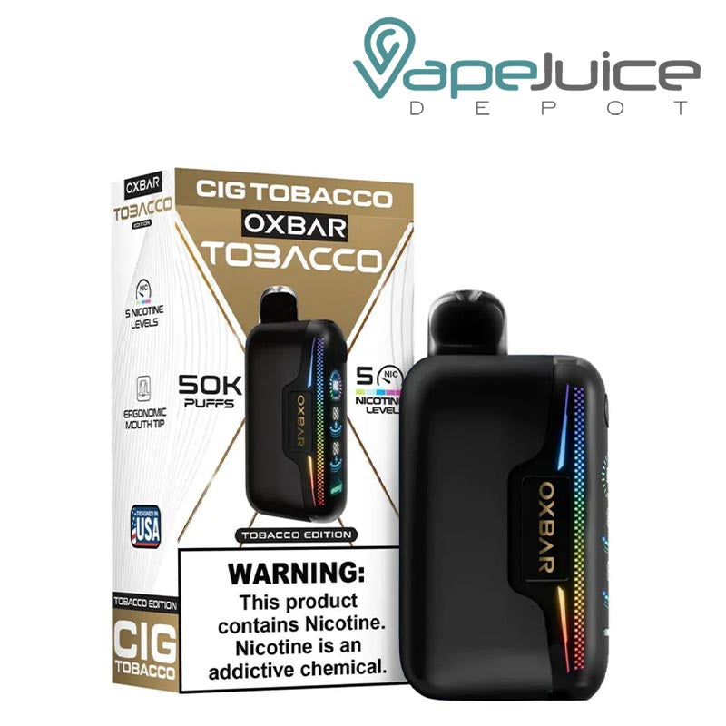 A Box of OXBAR Astro Maze 50K Cig Tobacco Disposable with a warning sign and a device next to it -Vape Juice Depot