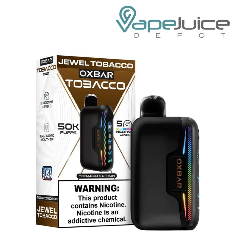 A Box of OXBAR Astro Maze 50K Jewel Tobacco Disposable with a warning sign and a device next to it -Vape Juice Depot