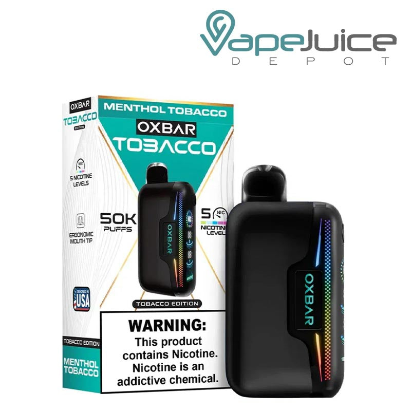 A Box of OXBAR Astro Maze 50K Menthol Tobacco Disposable with a warning sign and a device next to it -Vape Juice Depot