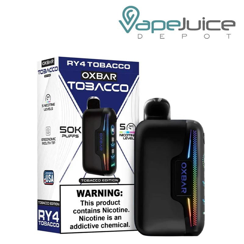 A Box of OXBAR Astro Maze 50K RY4 Tobacco Disposable with a warning sign and a device next to it -Vape Juice Depot