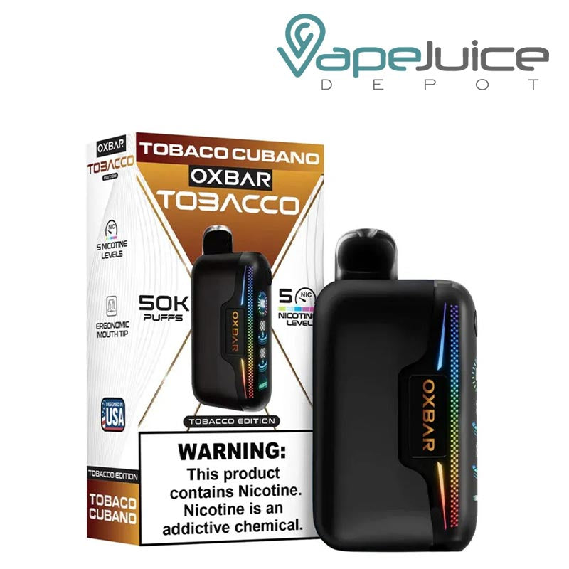 A Box of OXBAR Astro Maze 50K Tobacco Cubano Disposable with a warning sign and a device next to it -Vape Juice Depot