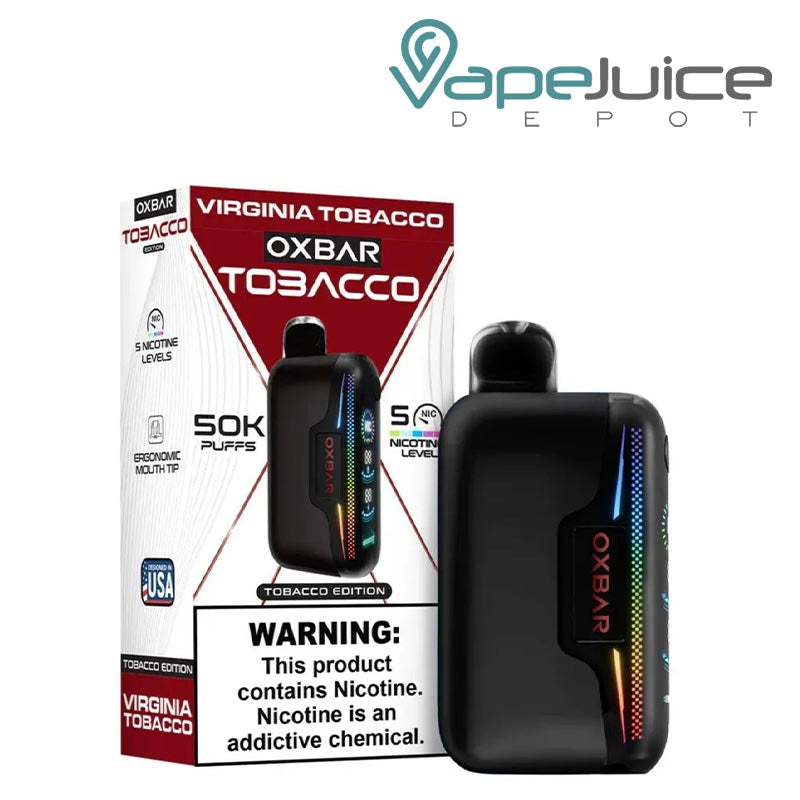 A Box of OXBAR Astro Maze 50K Virginia Tobacco Disposable with a warning sign and a device next to it -Vape Juice Depot