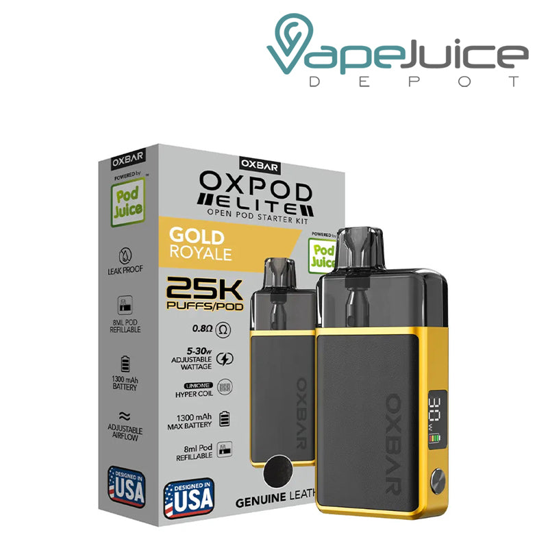 A Box of Gold Royal OXBAR x Pod Juice OXPOD Elite Kit and a device with smart display and adjustable button next to it - Vape Juice Depot