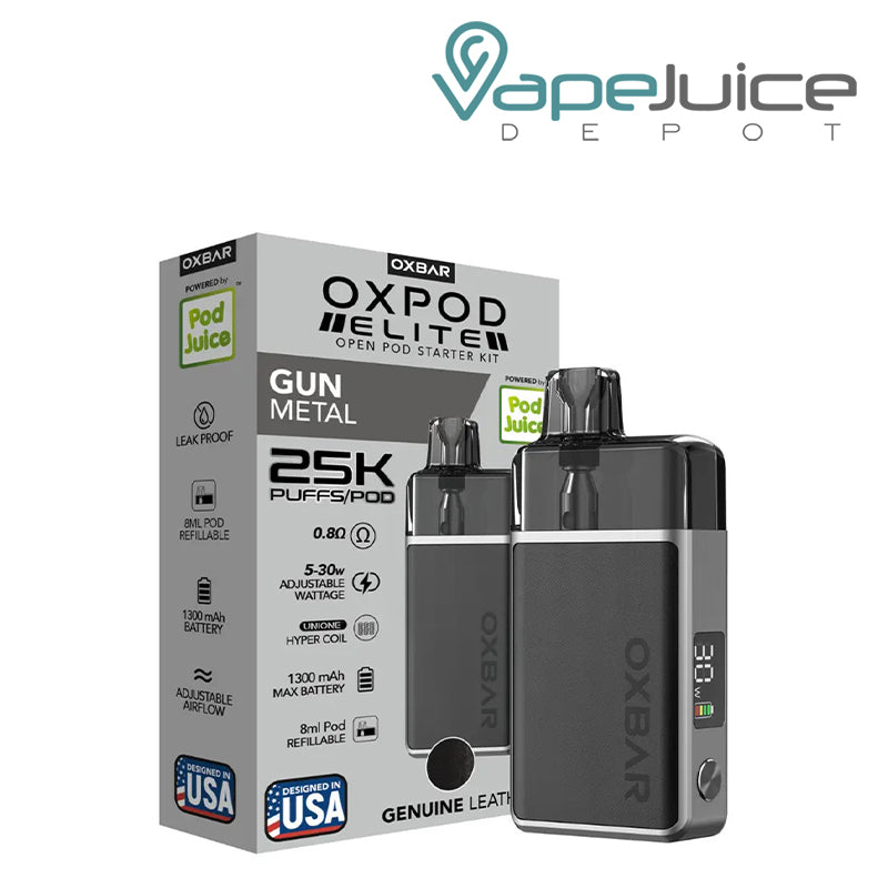 A Box of Gun Metal OXBAR x Pod Juice OXPOD Elite Kit and a device with smart display and adjustable button next to it - Vape Juice Depot