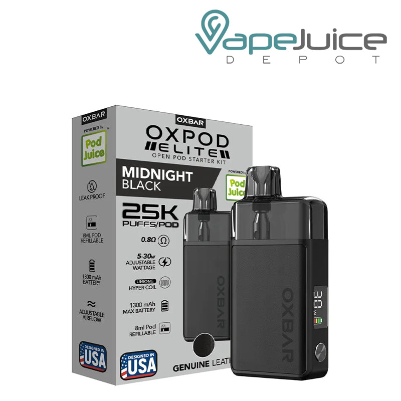 A Box of Midnight Black OXBAR x Pod Juice OXPOD Elite Kit and a device with smart display and adjustable button next to it - Vape Juice Depot