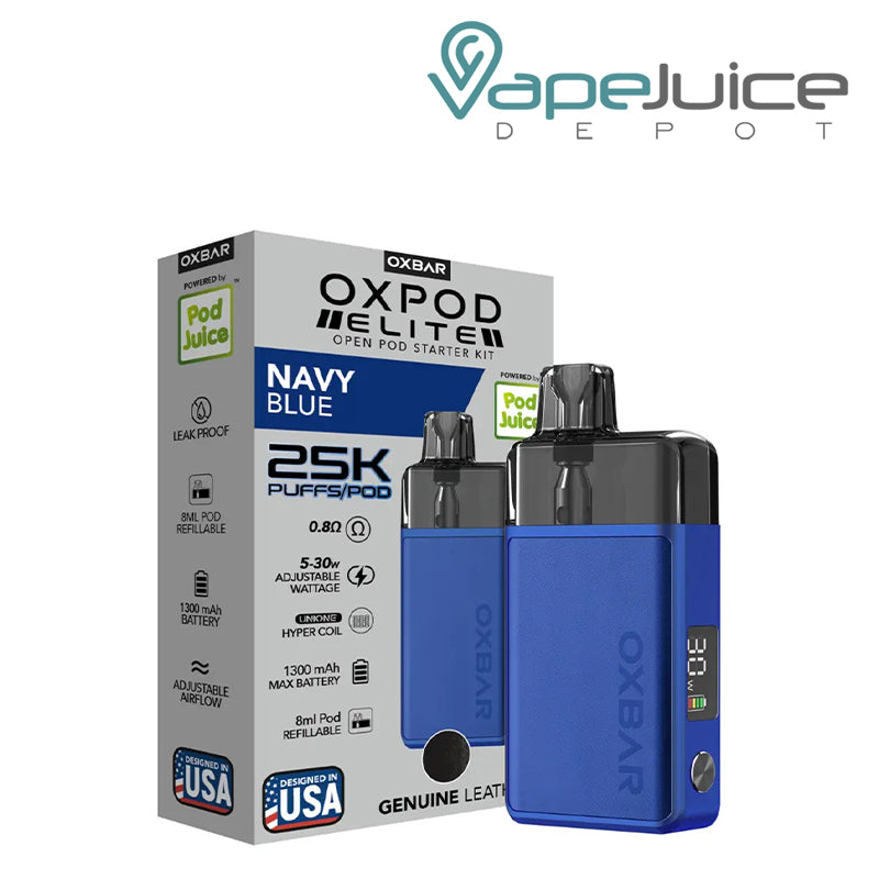 A Box of Navy Blue OXBAR x Pod Juice OXPOD Elite Kit and a device with smart display and adjustable button next to it - Vape Juice Depot