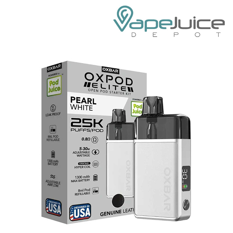 A Box of Pearl White OXBAR x Pod Juice OXPOD Elite Kit and a device with smart display and adjustable button next to it - Vape Juice Depot