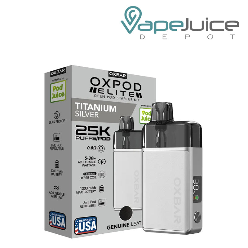 A Box of Titanium Silver OXBAR x Pod Juice OXPOD Elite Kit and a device with smart display and adjustable button next to it - Vape Juice Depot